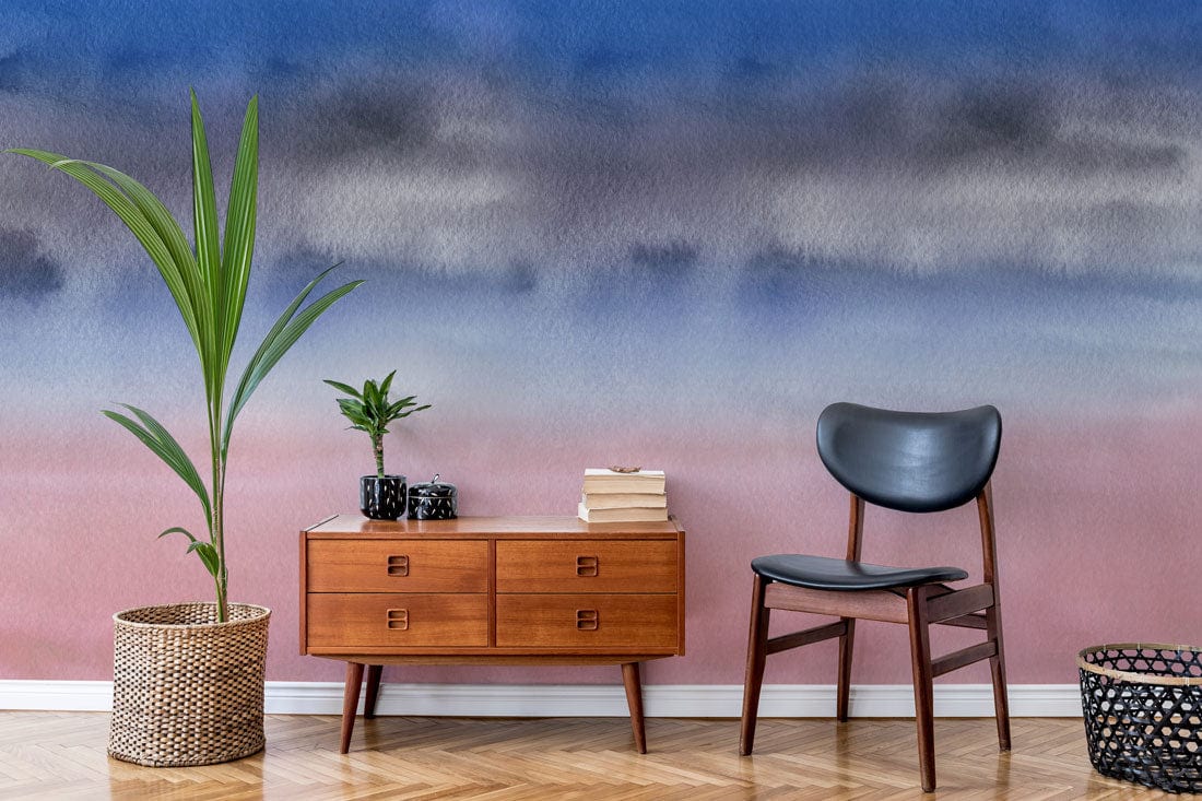 Serene Watercolour Horizon Mural in pastel tones, with wooden side table, chair, and herringbone flooring.