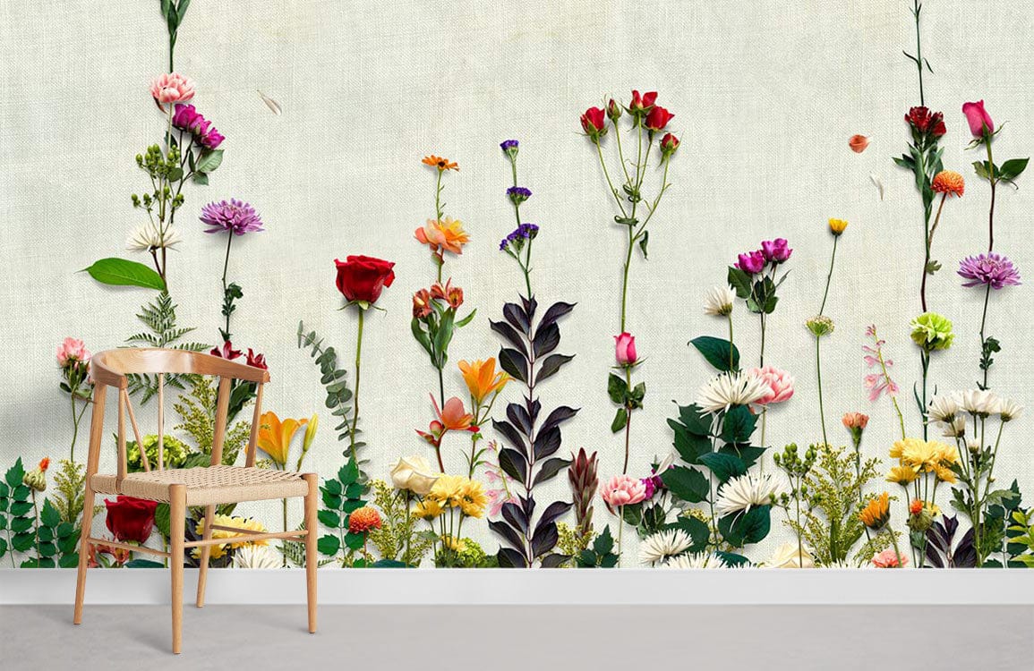 Beautiful Vibrant Floral Garden Mural Wallpaper in Pastel Hues, wooden chair, grey flooring, interior setting.