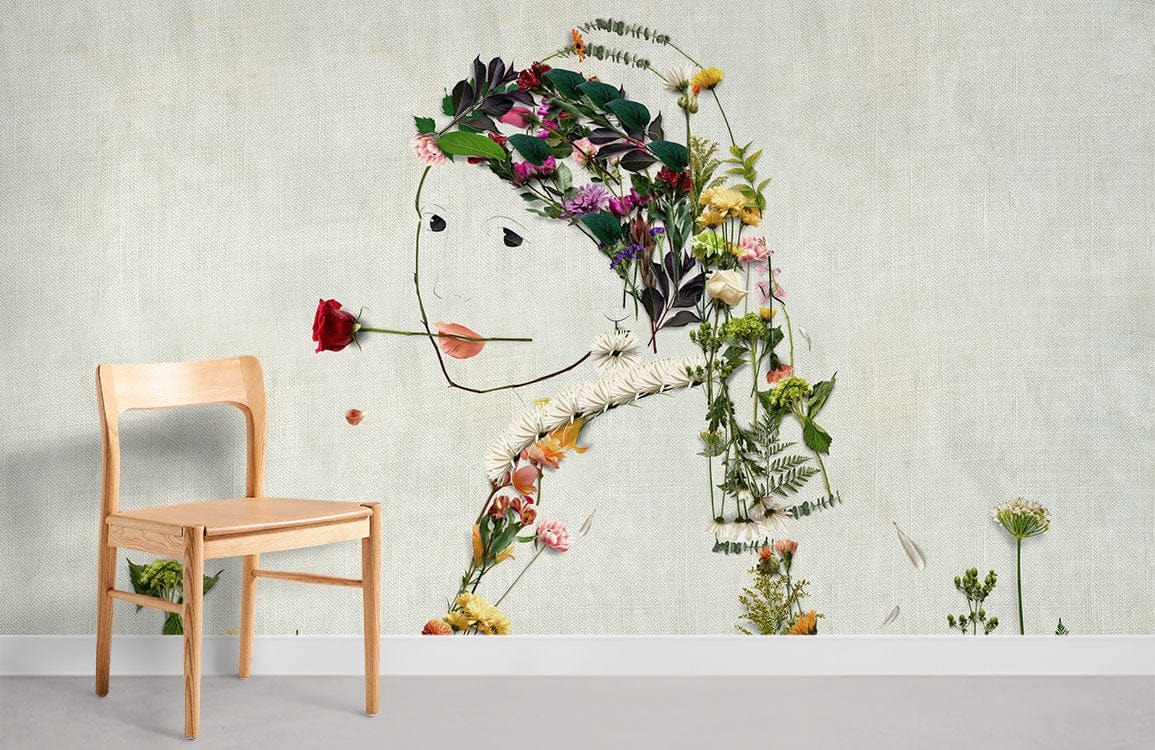 Contemporary floral art mural wallpaper, botanical design, light wood chair, minimalist setting, elegant style.