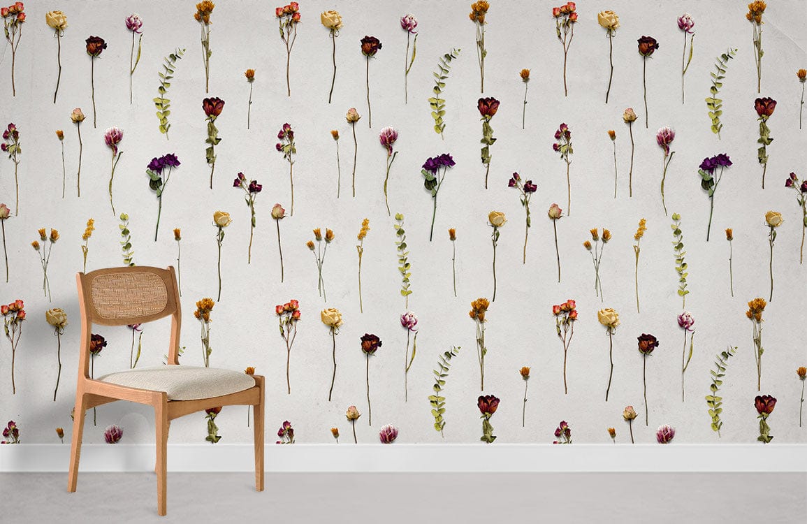 Vintage Floral Meadow Wallpaper, botanical pattern, white background, wooden chair, minimalist decor, modern style.