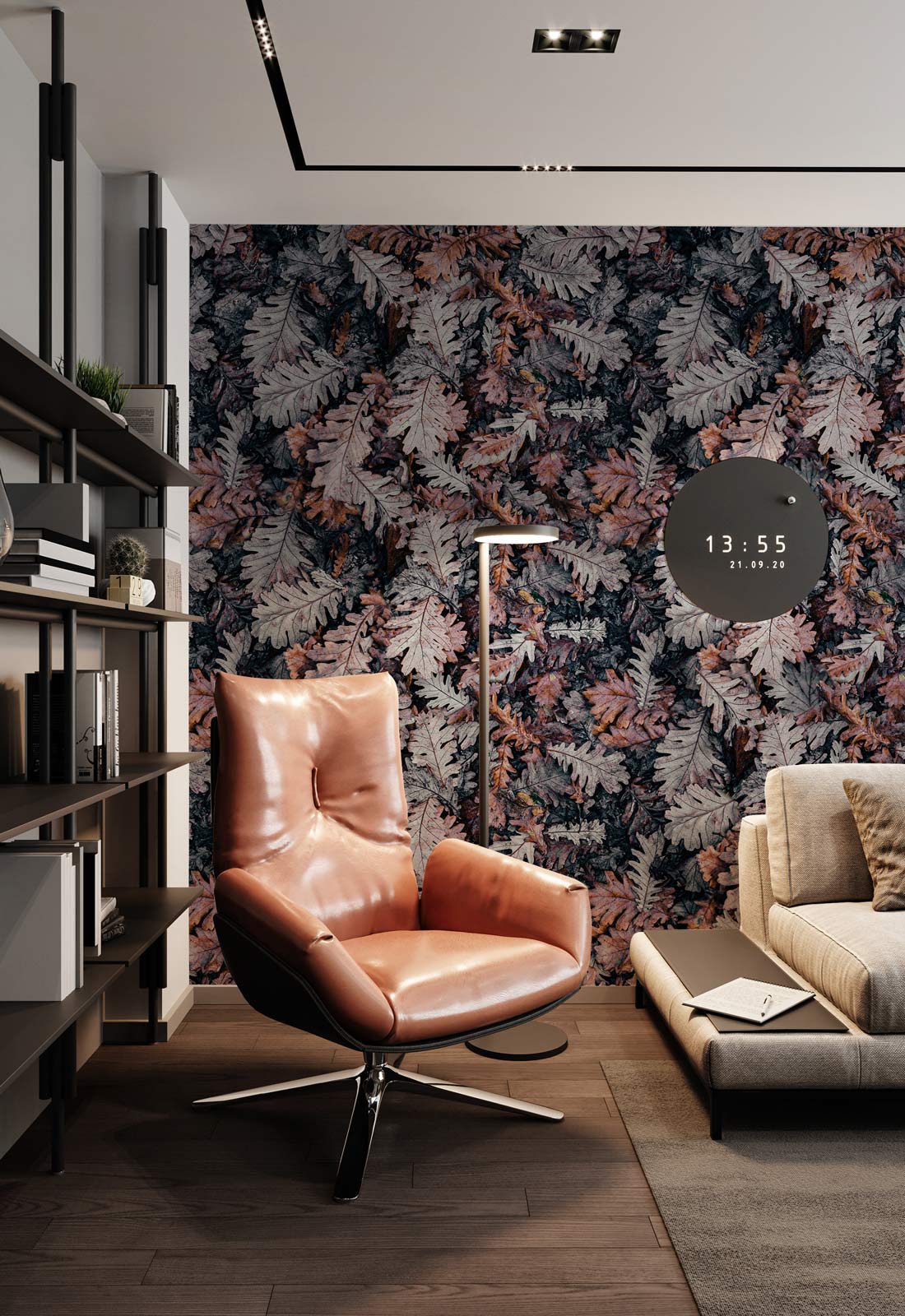 Autumn Forest Leaf Pattern Wallpaper in vintage tones, featuring brown leather chair, modern living room.