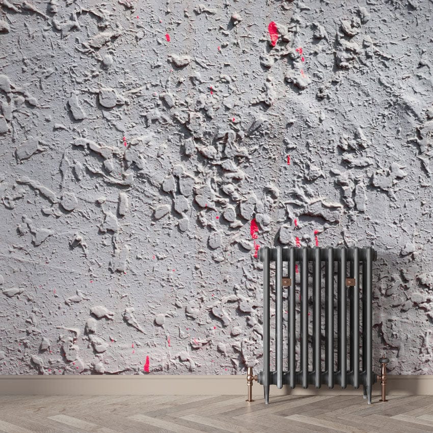 Rustic textured concrete effect wallpaper with subtle red accents, black radiator, herringbone wooden flooring.
