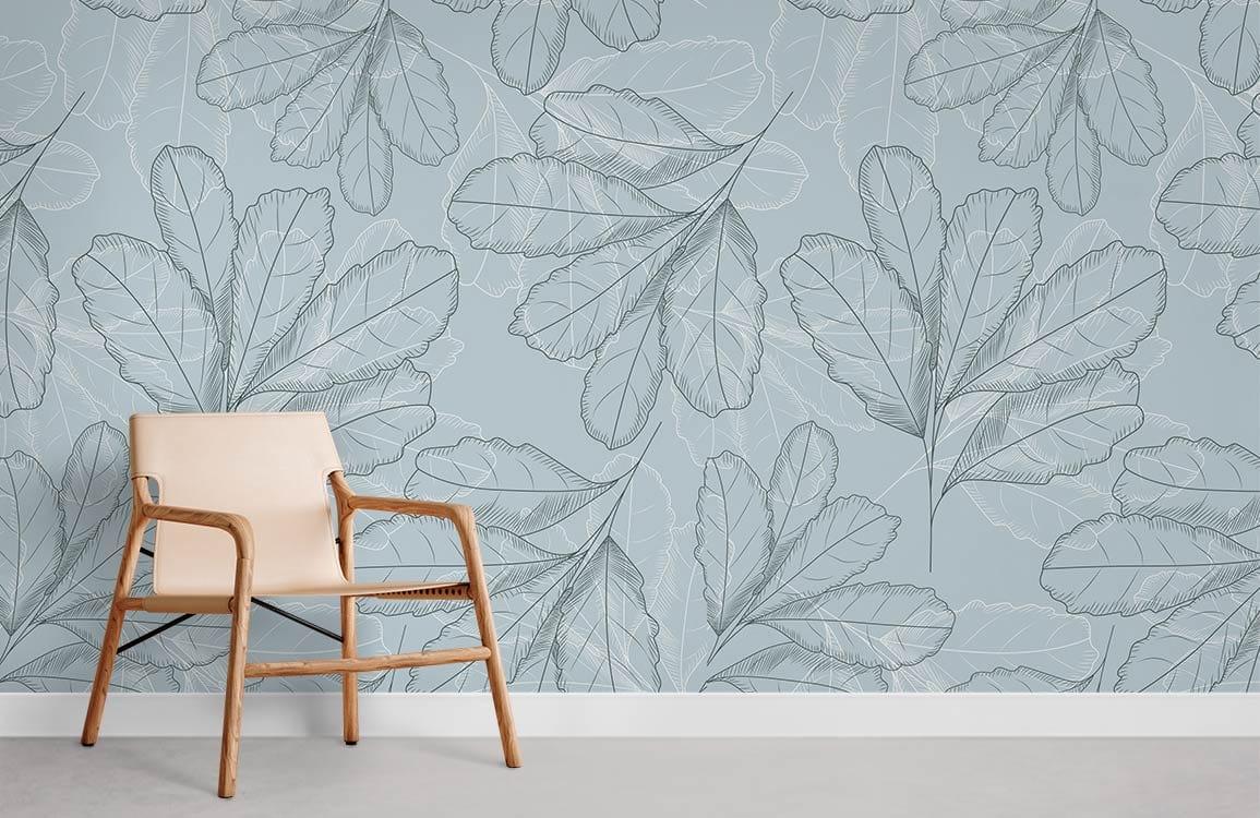 Elegant grey botanical leaf wallpaper, light beige chair, modern interior design, stylish room backdrop.