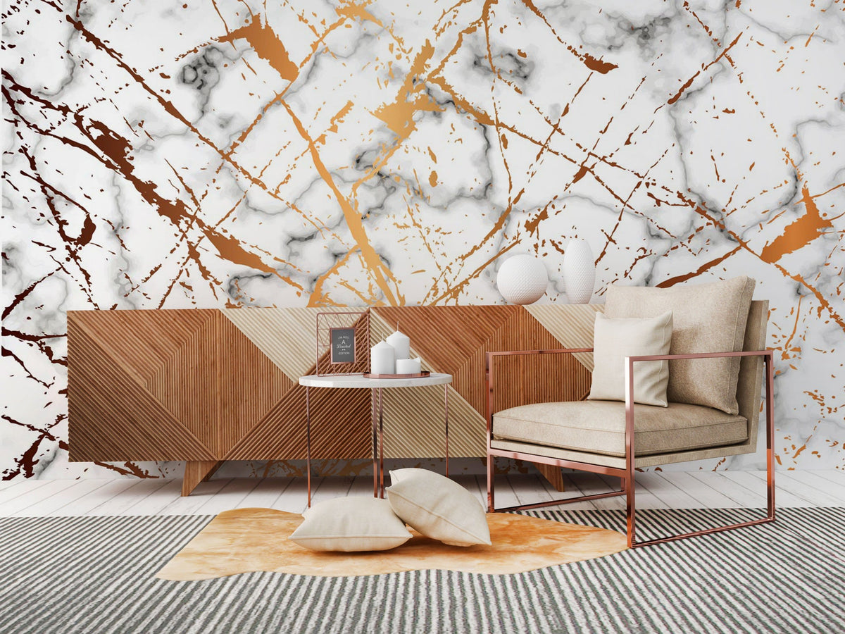 Luxurious gold white marble wallpaper with wooden sideboard, beige chair, striped rug in stylish living room.
