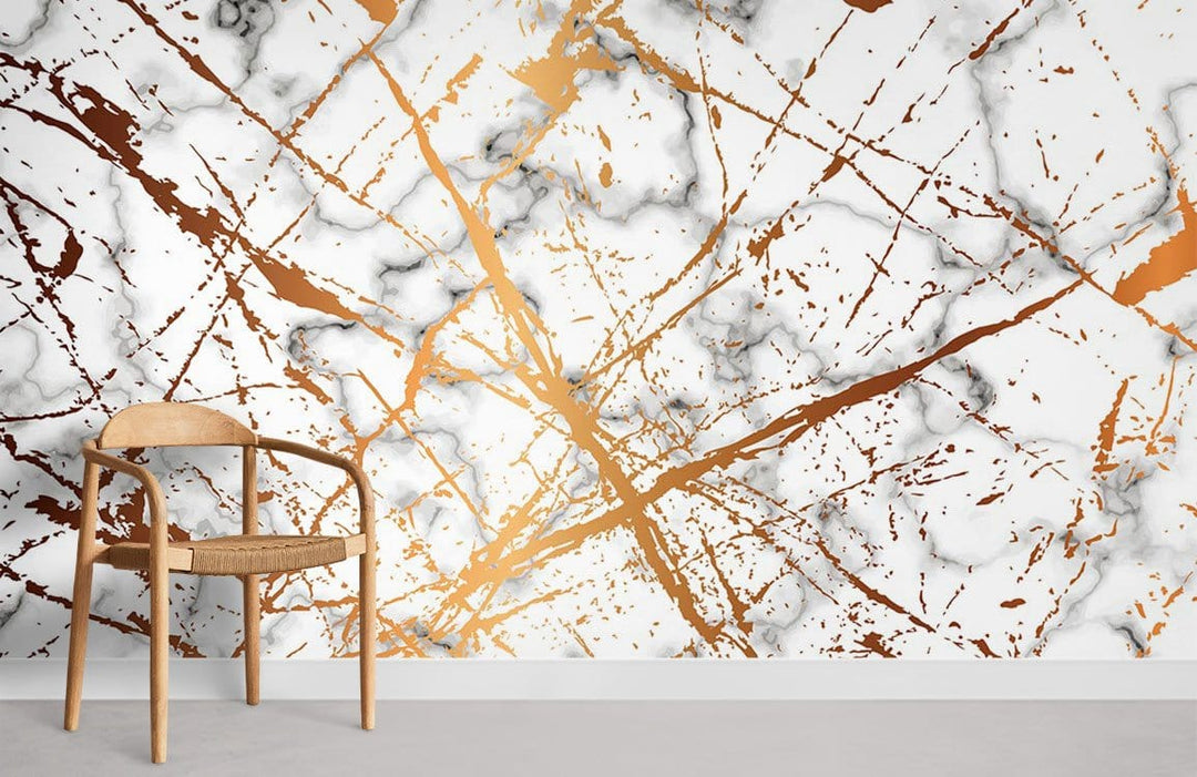 Luxurious gold and white marble wallpaper with wooden chair on grey floor in modern living room.