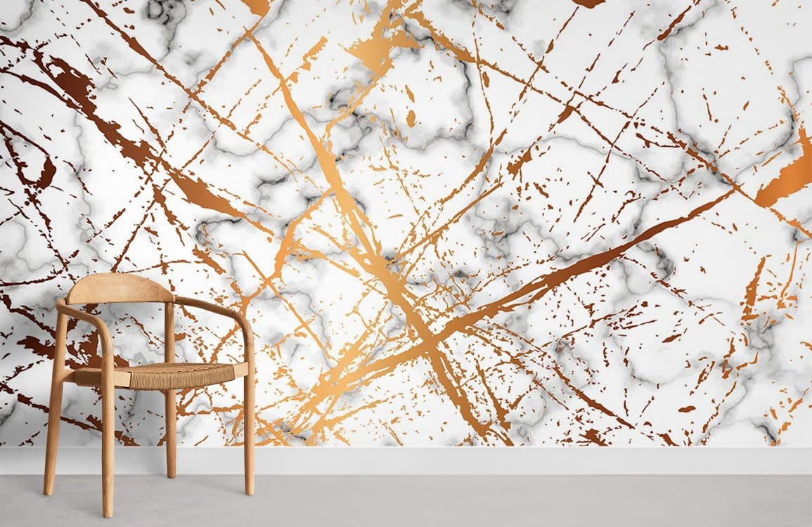 Luxurious gold and white marble wallpaper with wooden chair on grey floor in modern living room.