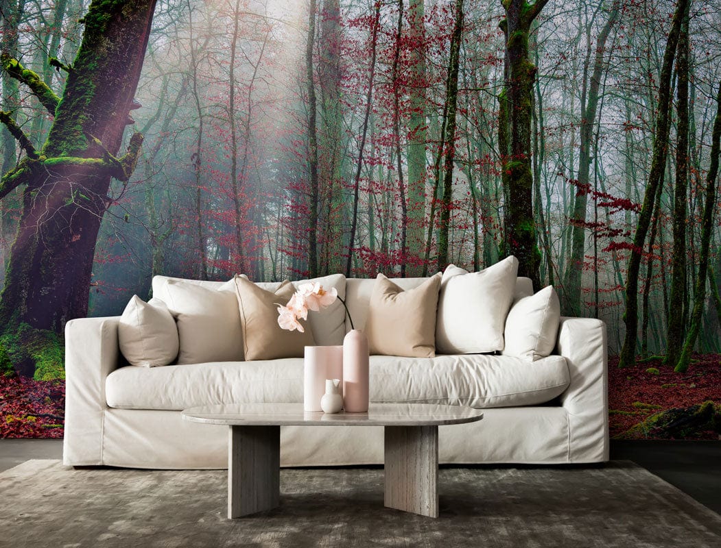 Mystical Misty Forest Mural with cosy white sofa, modern coffee table, grey carpet in living room.