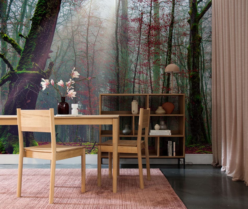 Mystical Misty Forest Mural with wooden dining set, pink rug, and elegant brown curtains in dining room.