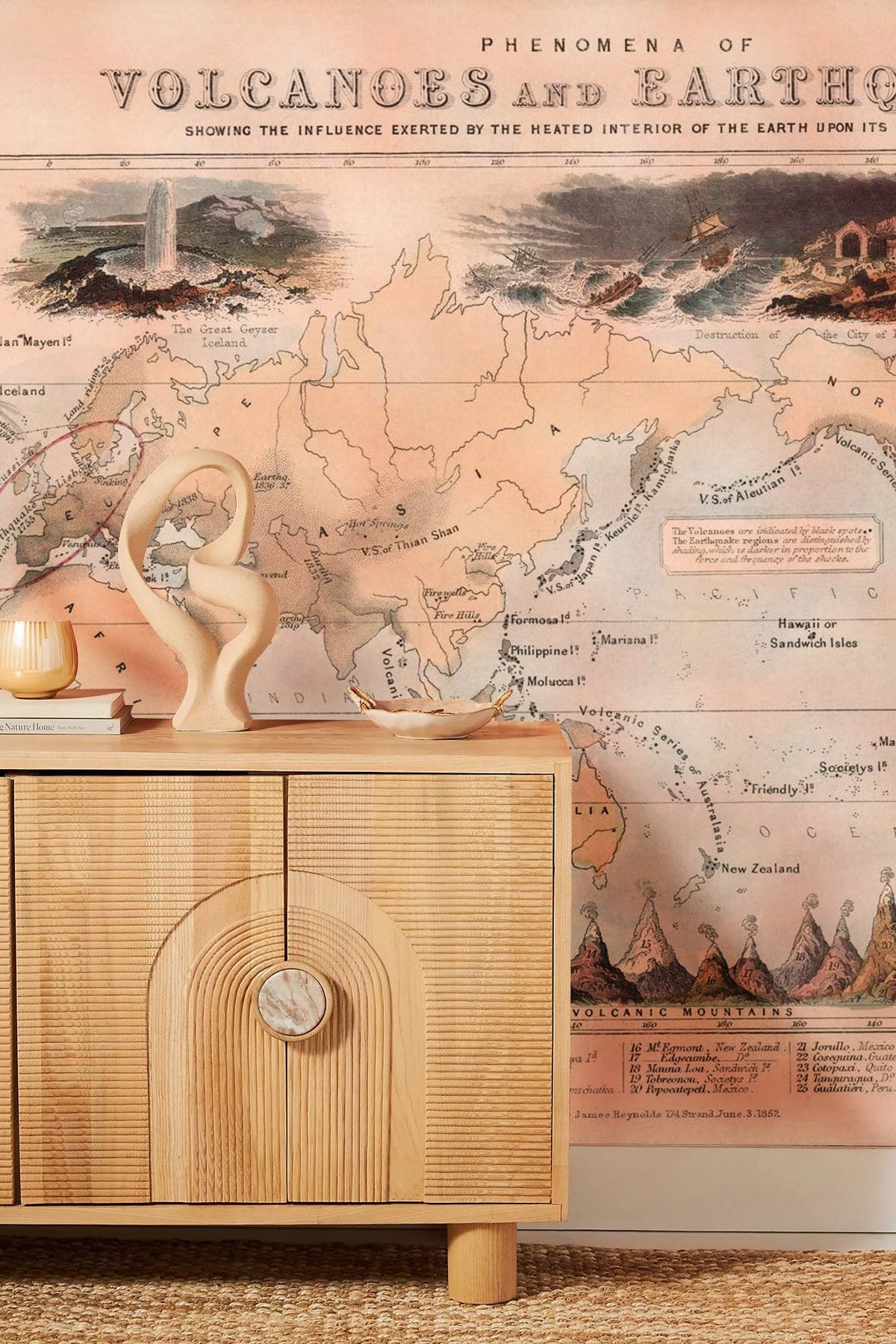 Vintage World Map Wallpaper Mural, antique style, natural wooden cabinet, woven flooring, art decor.