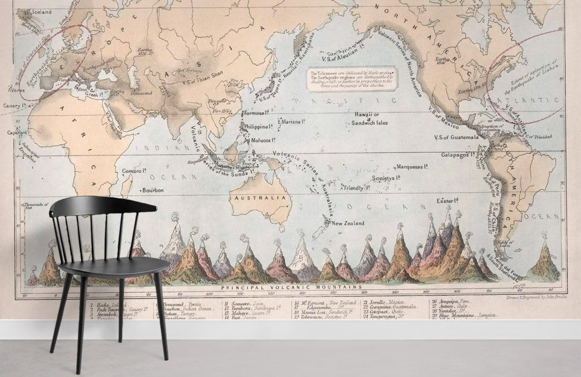 Black chair against Vintage World Map Wallpaper Mural, antique geographical style, grey flooring, minimalist room.