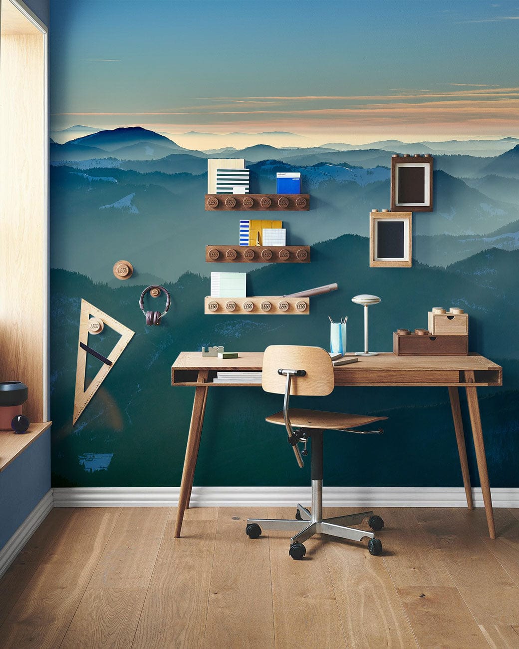Serene Mountain Ridge Mist Mural in study with wooden desk, chair, and oak flooring.