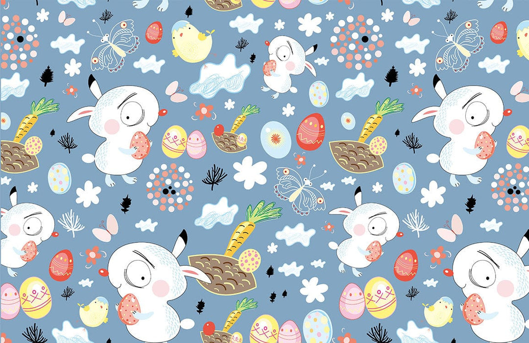 Whimsical Easter Bunny Blue Children's Room Cartoon Wallpaper Decor