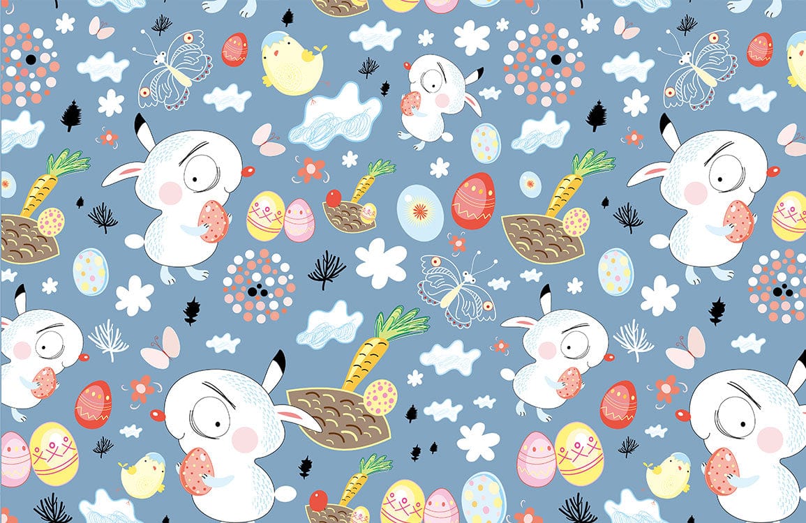 Whimsical Easter Bunny Blue Children's Room Cartoon Wallpaper Decor