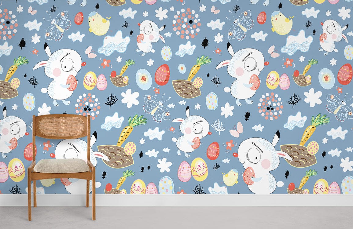 Whimsical Easter Bunny wallpaper, blue children's room, grey floor, wooden chair, playful cartoon decor.