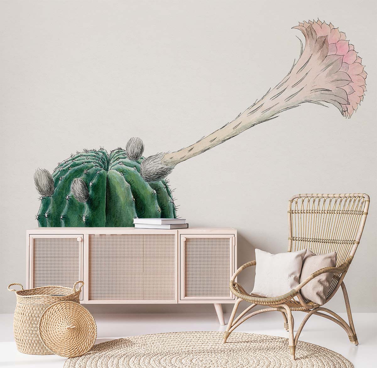 Vintage botanical cactus wallpaper in soft green with wicker chair, rattan rug, and beige console.
