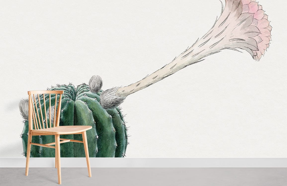 Vintage botanical wallpaper with cactus floral design, soft green and pink hues, wooden chair, grey flooring.