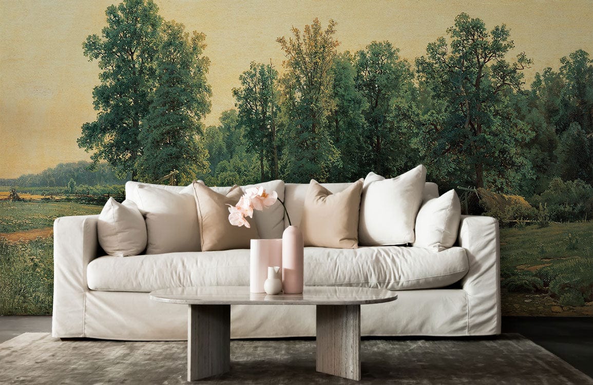 White sofa, grey flooring, in a room with Tranquil Countryside Landscape Wallpaper Mural - Natural Green.