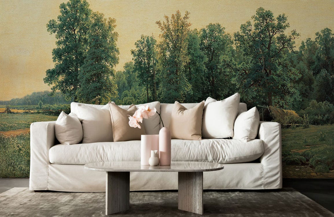 White sofa, grey flooring, in a room with Tranquil Countryside Landscape Wallpaper Mural - Natural Green.