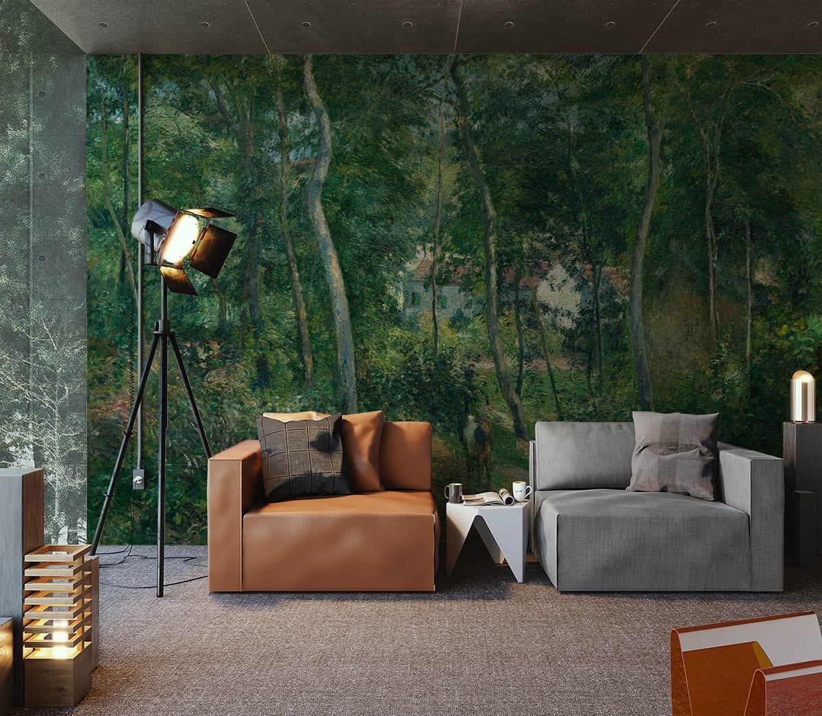 Tranquil Woodland Retreat Mural with greenery, modern sofas, tripod lamp, grey carpet flooring, living room.