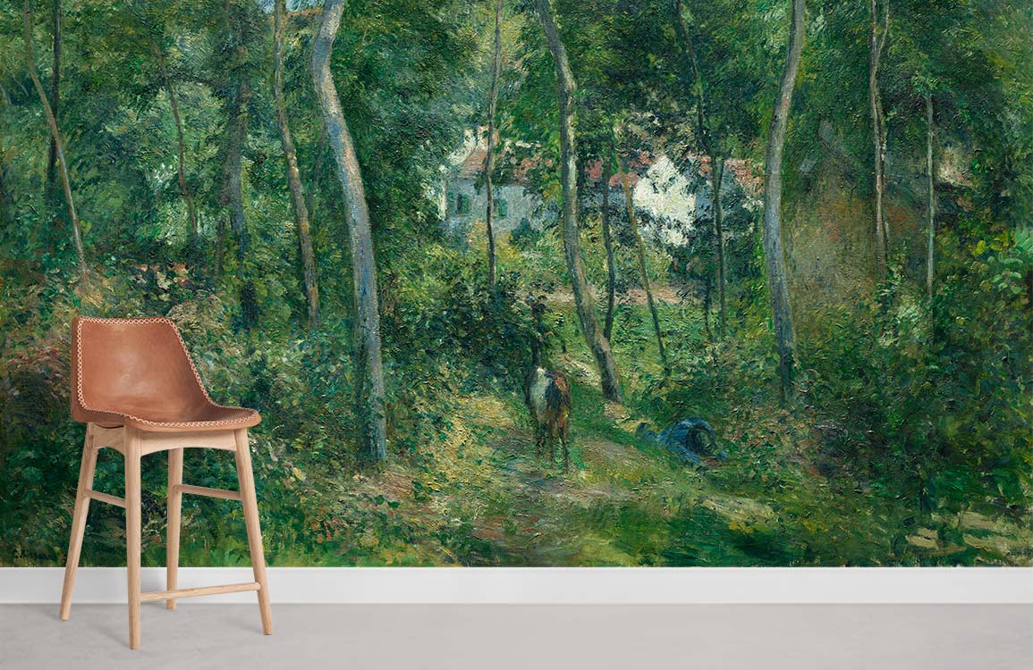 Brown leather chair, grey flooring; Tranquil Woodland Retreat mural wallpaper with vivid verdant landscape design.
