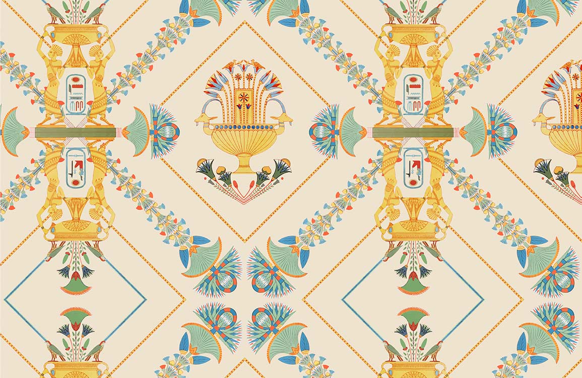 Vintage Egyptian Revival Pattern Wallpaper In Gold Turquoise And vintage-egyptian-revival-pattern-wallpaper-in-gold-turquoise-and