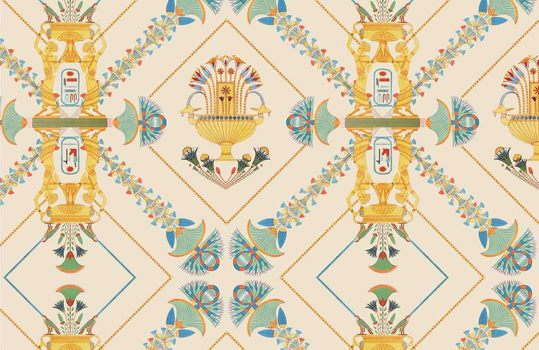 Vintage Egyptian Revival Pattern Wallpaper in Gold, Turquoise, and Terracotta for Interior Elegance