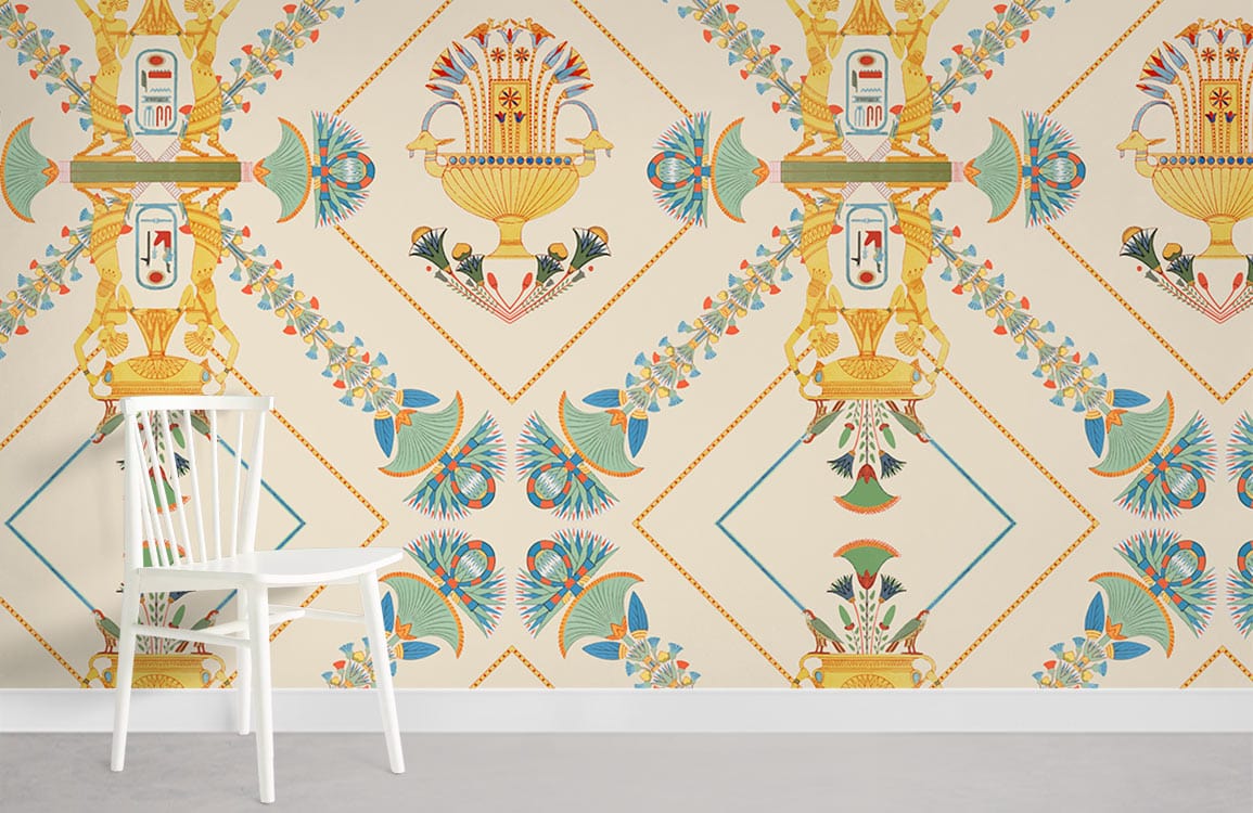 Vintage Egyptian Revival wallpaper in gold, turquoise, terracotta. White chair, grey concrete floor, elegant interior.