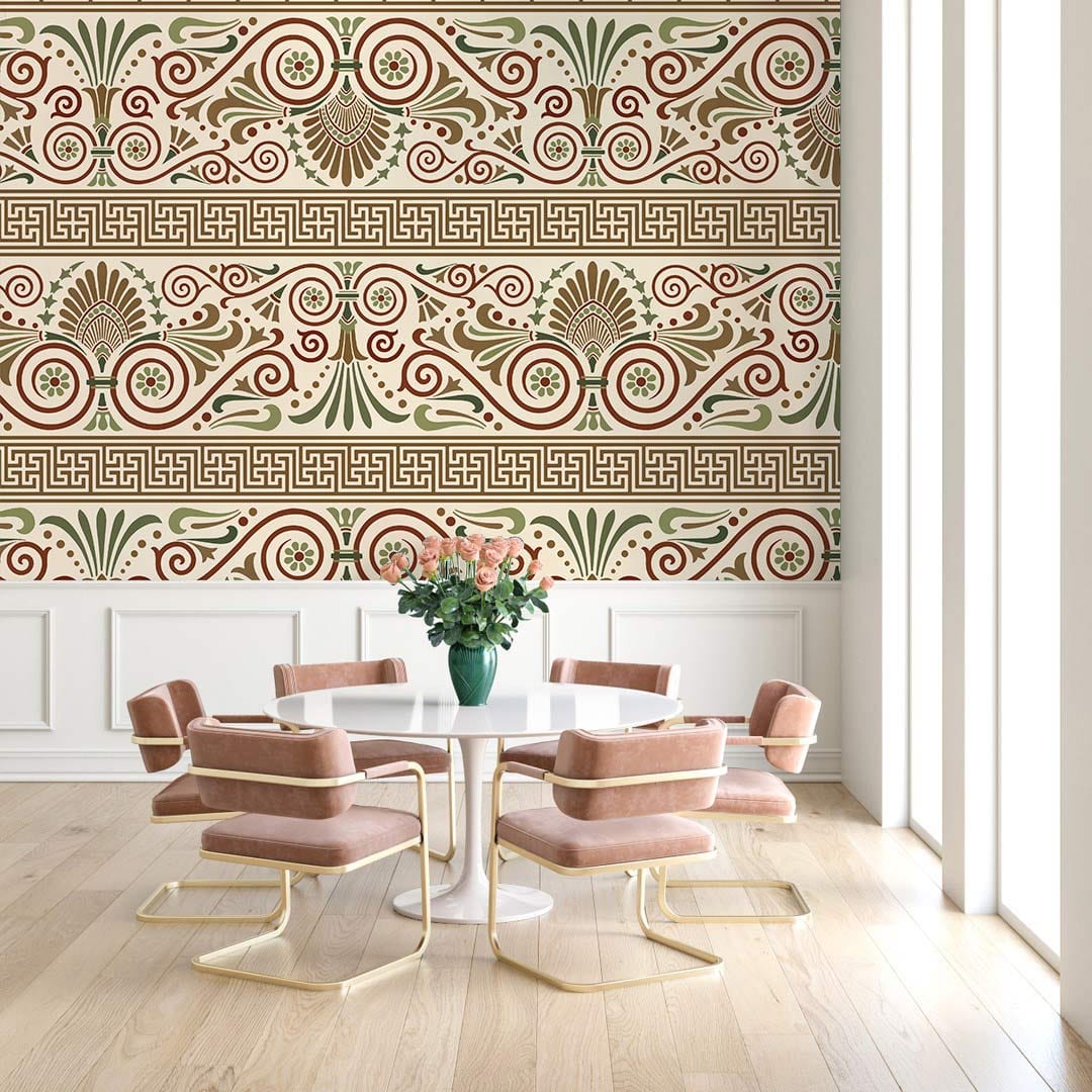 Vintage Ornate Geometric Wallpaper in Earthy Tones, elegant dining room, pink chairs, wooden flooring.
