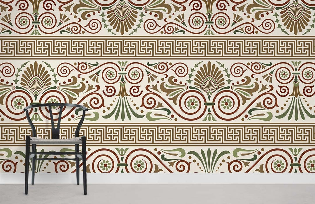 Vintage ornate geometric wallpaper in earthy tones, elegant chair, classic design, grey flooring, modern decor.