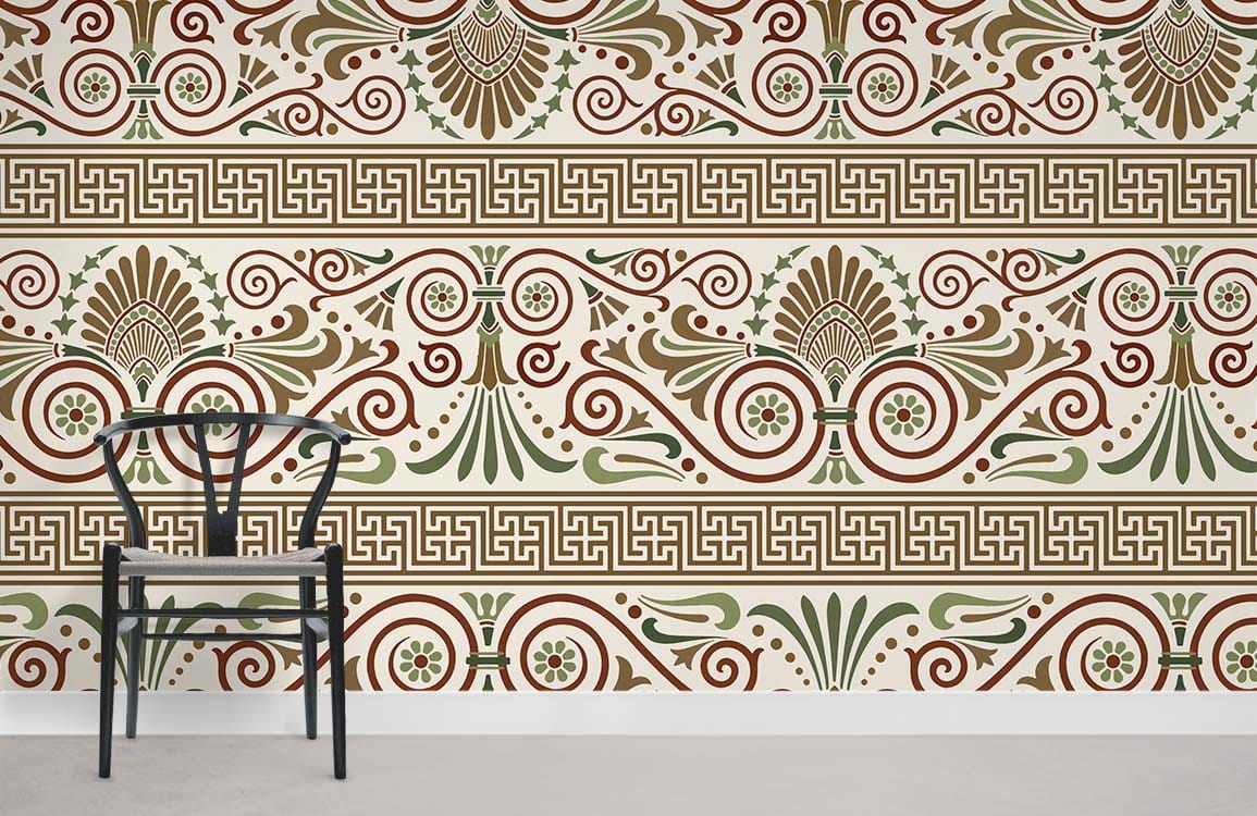 Vintage ornate geometric wallpaper in earthy tones, elegant chair, classic design, grey flooring, modern decor.