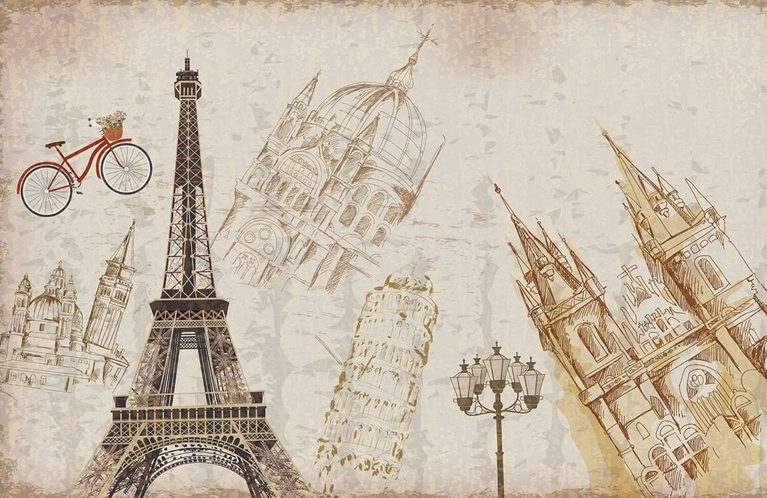Vintage European Landmarks Mural Wallpaper with Bicycle and Sepia Tones
