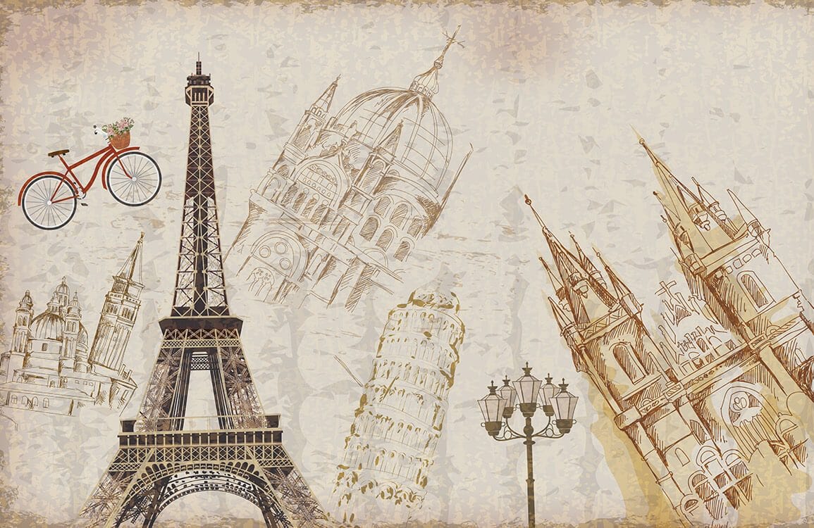 Vintage European Landmarks Mural Wallpaper with Bicycle and Sepia Tones