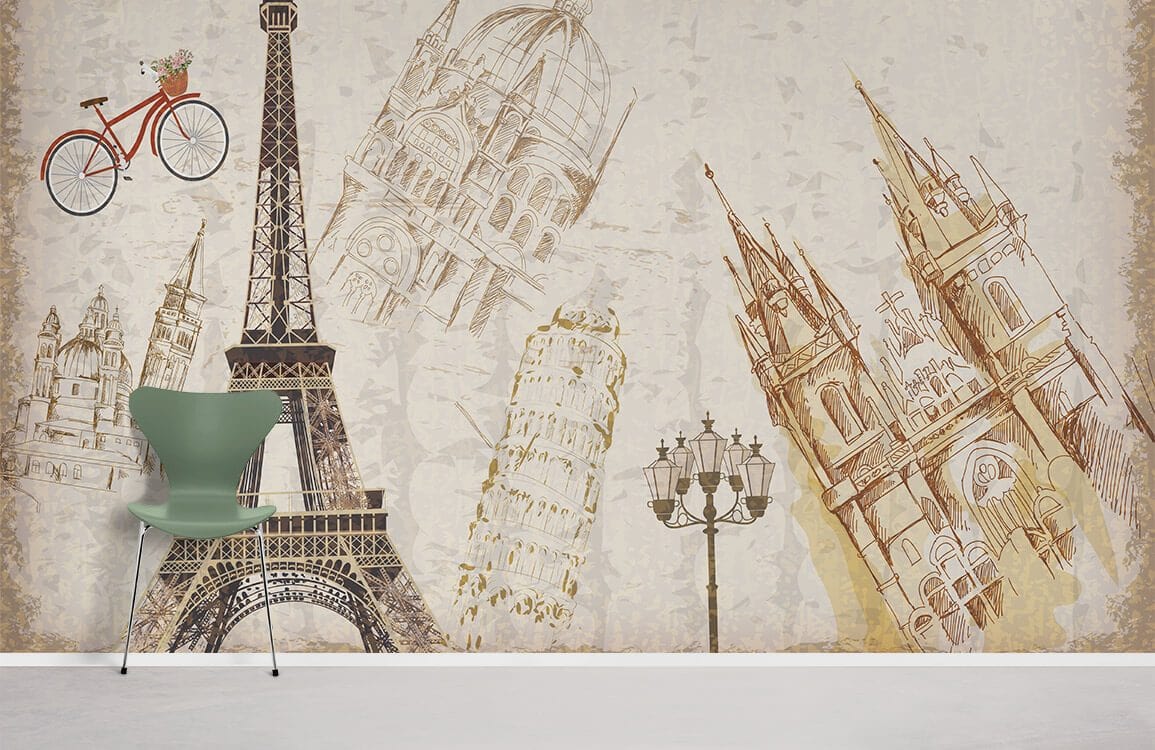 Alt text: Vintage European Landmarks mural, sepia tones, bicycle motif, modern chair, minimalistic wall design.