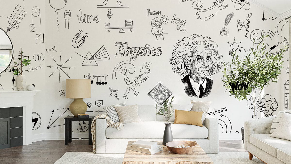 Einstein-inspired wall mural in a modern living room with beige sofa, wooden flooring, and greenery.