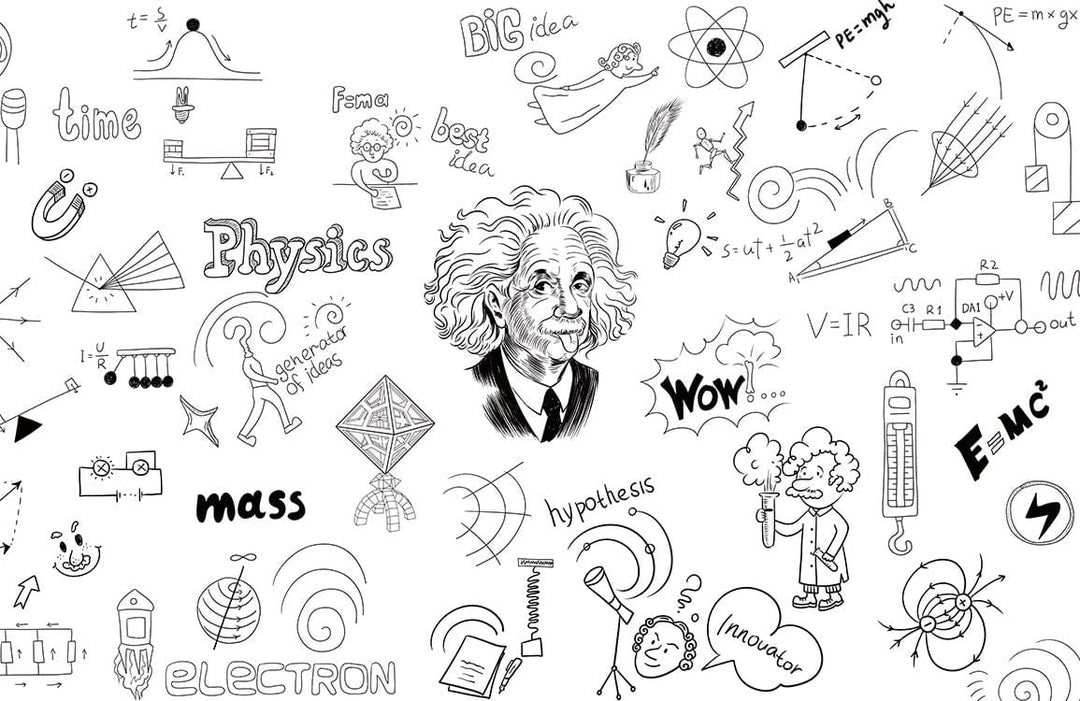 Einstein-Inspired Scientific Doodles Monochrome Wall Mural - Playful Physics Art Design
