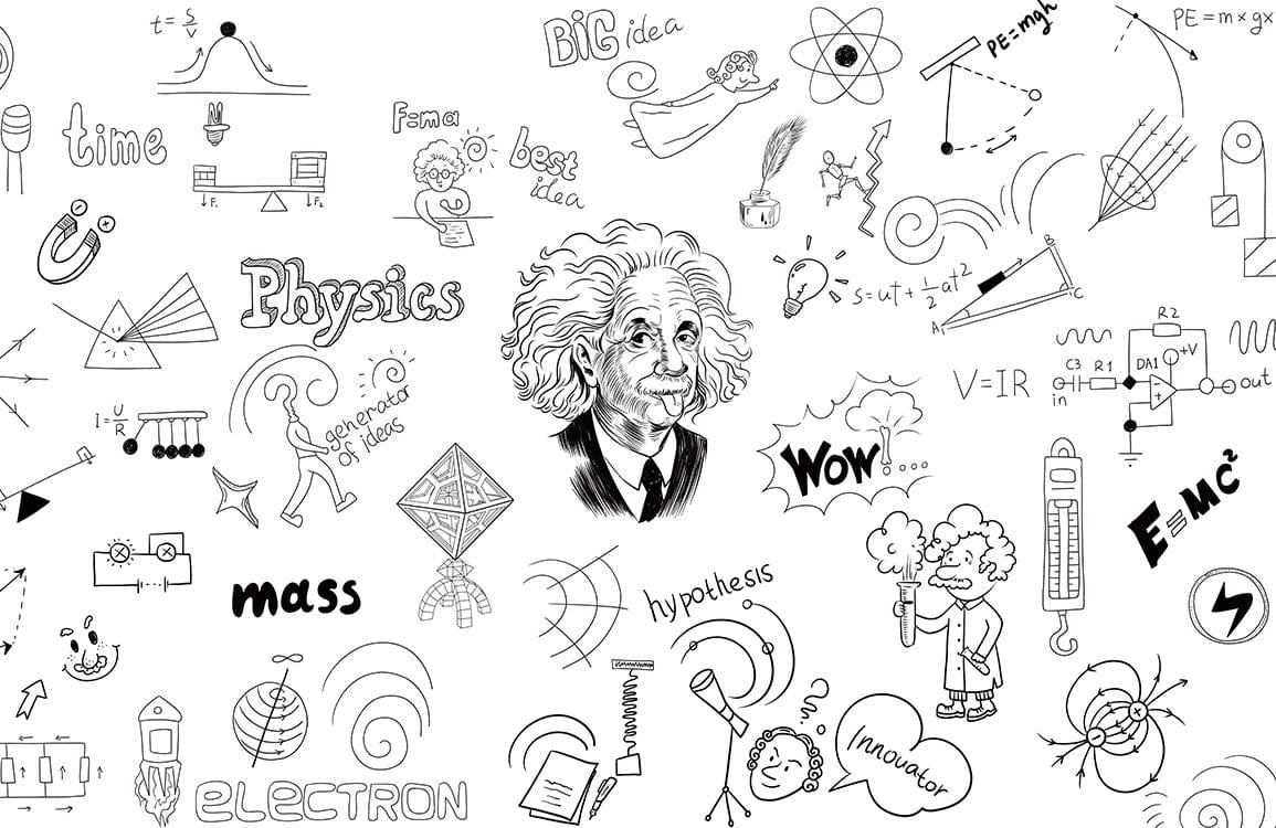 Einstein-Inspired Scientific Doodles Monochrome Wall Mural - Playful Physics Art Design