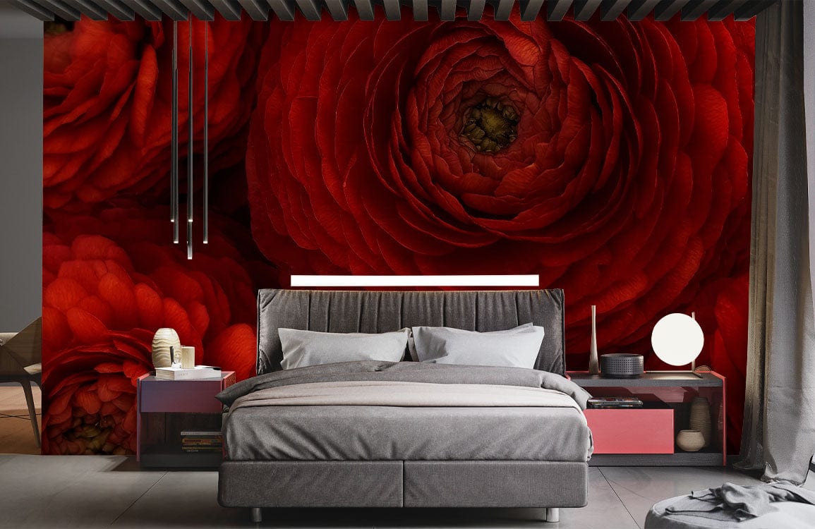 Luxurious red floral mural wallpaper in modern bedroom with grey bed, nightstands, and minimalist decor.