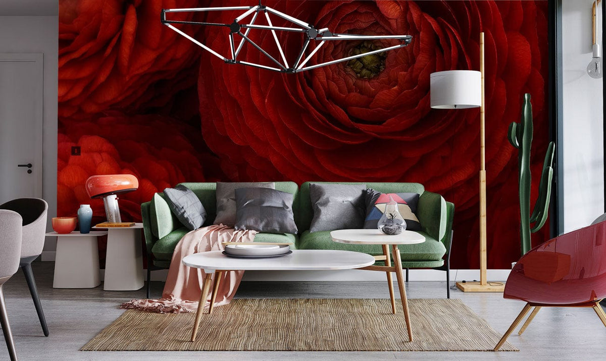 Luxurious red floral mural wallpaper, modern living room, green sofa, contemporary lighting, elegant decor.