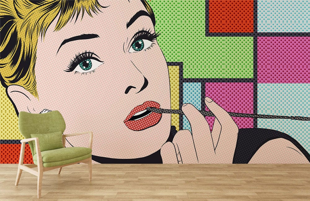 Vibrant Pop Art wall mural, featuring retro design, green chair, wooden flooring, colourful graphics.