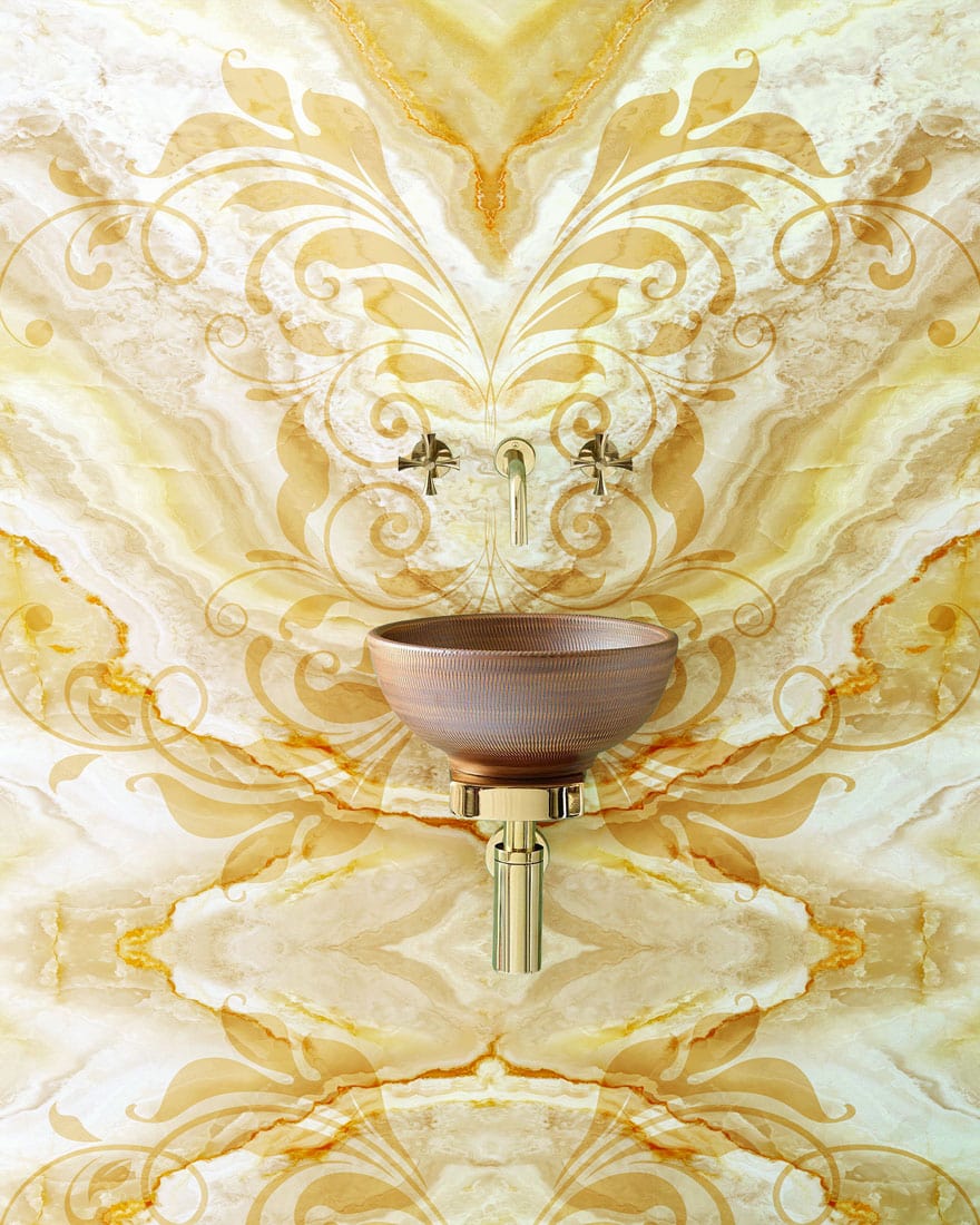 Golden Marble Effect Ornate Wallpaper in bathroom with elegant sink; luxurious interior design solution.