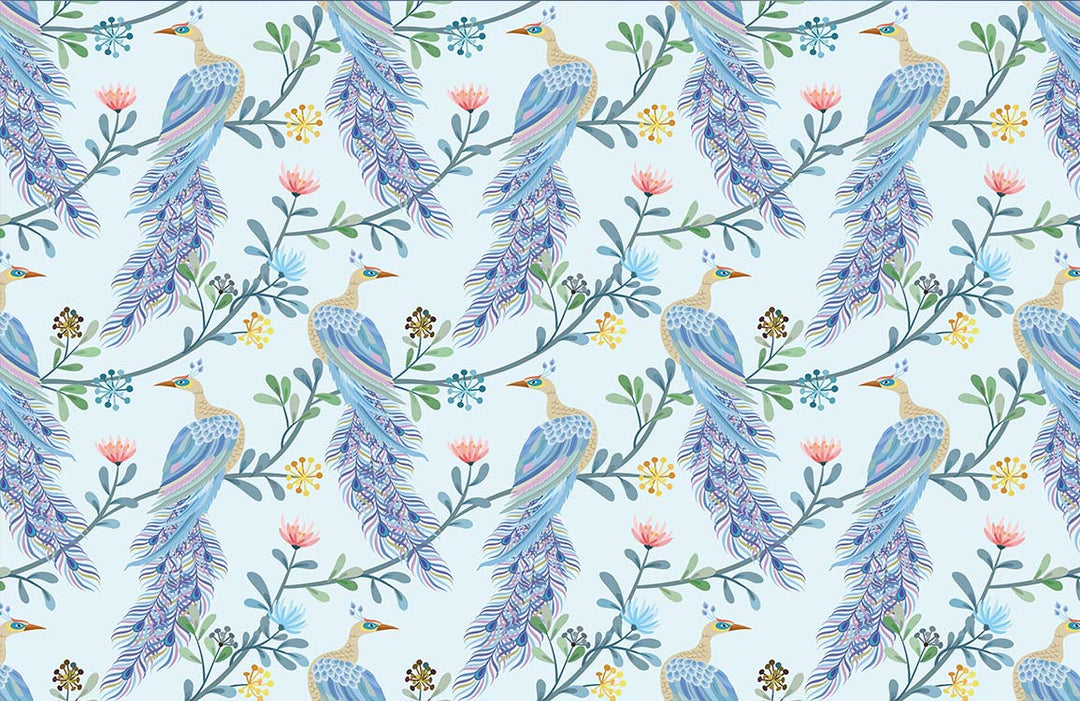 Elegant Blue Peacock Floral Botanical Pattern Wallpaper, Soft Pastel Vintage Design