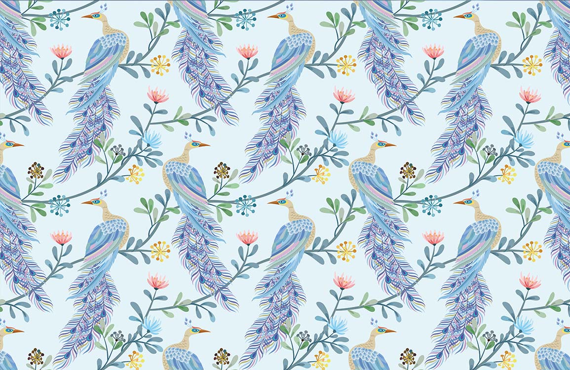 Elegant Blue Peacock Floral Botanical Pattern Wallpaper, Soft Pastel Vintage Design