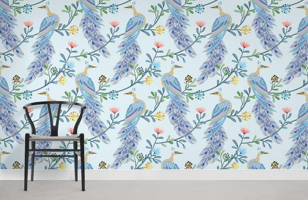 Elegant blue peacock wallpaper in a vintage botanical pattern with pastel colours, features a stylish chair.
