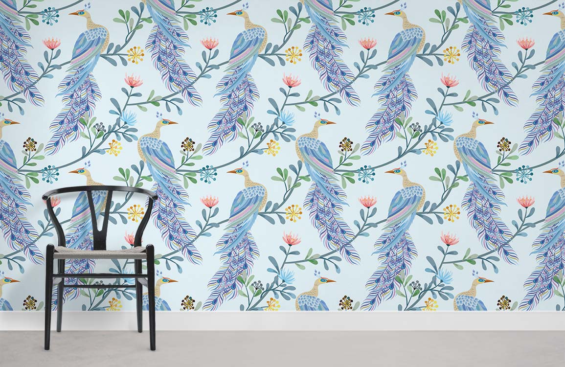Elegant blue peacock wallpaper in a vintage botanical pattern with pastel colours, features a stylish chair.