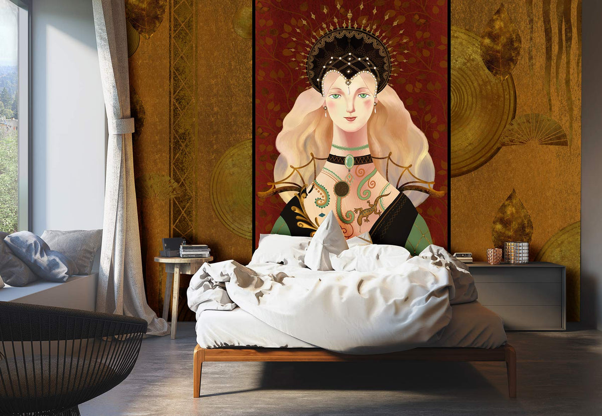 Baroque Elegance mural wallpaper in regal gold and rich red, elegant bedroom, modern bed, large windows.