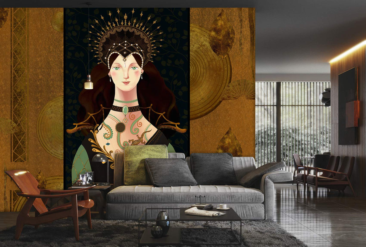 Elegant Medieval Woman Mural Wallpaper in modern living room with grey sofa, wooden armchair, dark flooring.