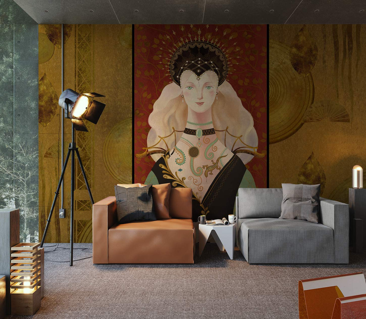 Baroque Elegance Mural Wallpaper in regal gold, rich red; beige sofa; modern living room setting.