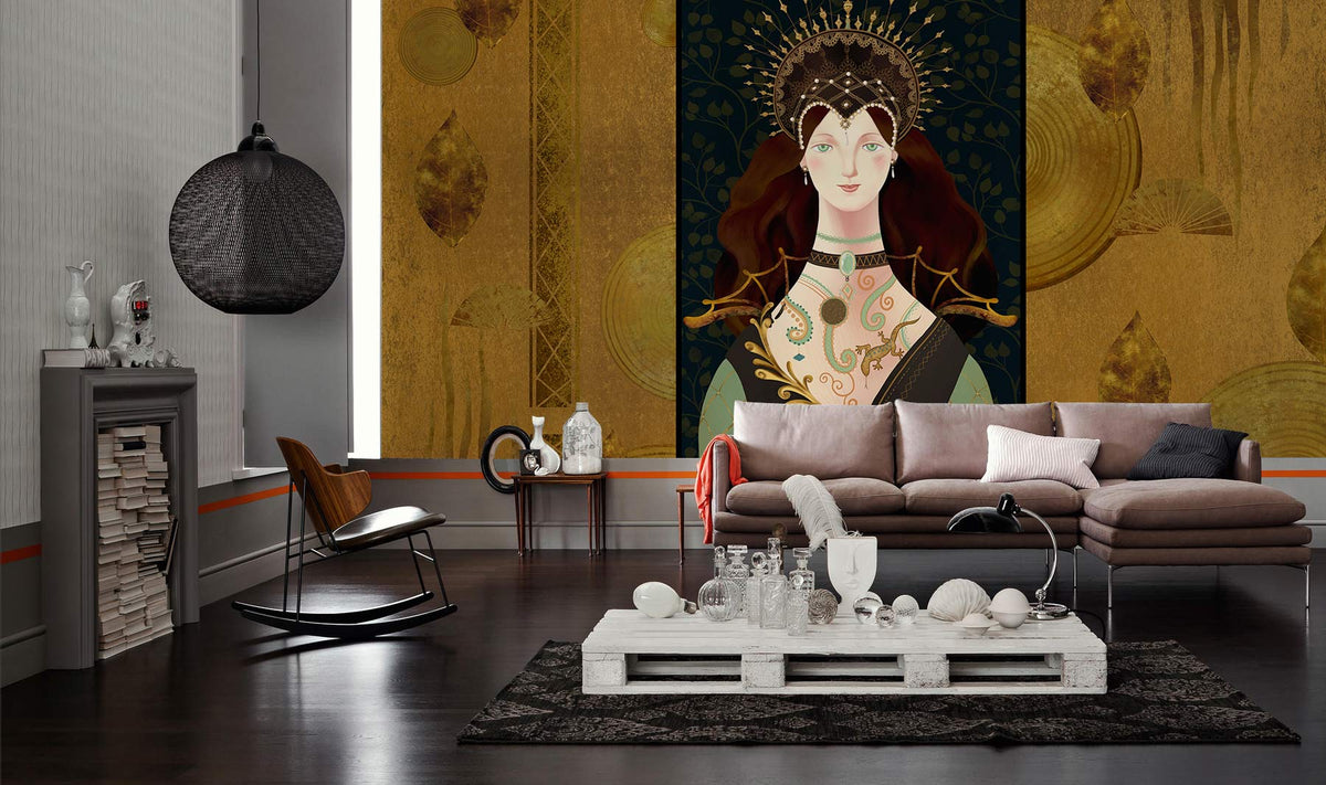 Elegant medieval woman mural wallpaper in living room with brown sofa, modern lamp, and dark flooring.