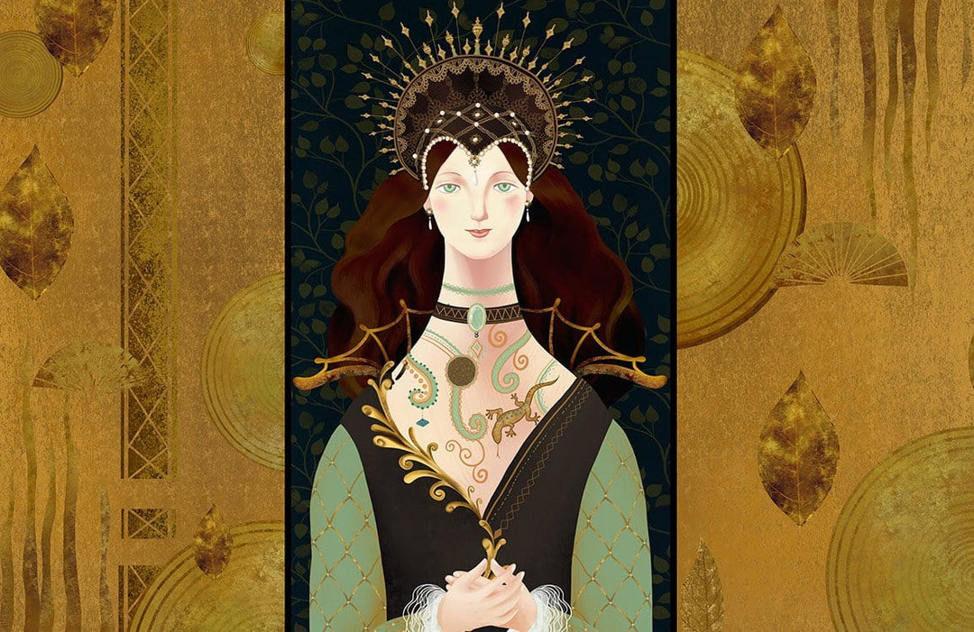 Elegant Medieval Woman Mural Wallpaper with Gold and Deep Green Accents