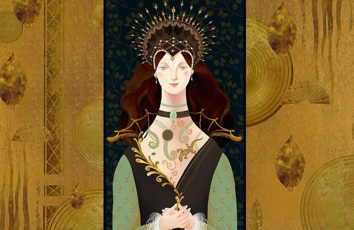 Elegant Medieval Woman Mural Wallpaper with Gold and Deep Green Accents